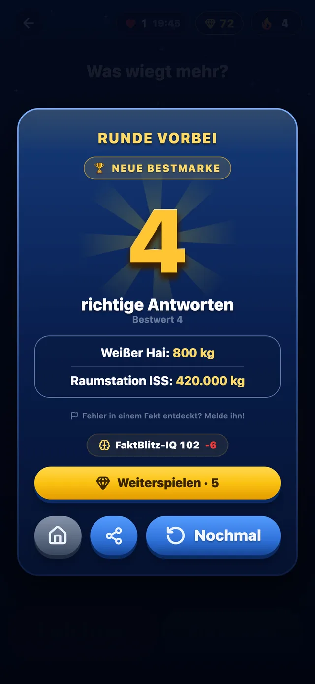 Rundenende in FaktBlitz: Weißer Hai 800 kg, Raumstation ISS 420.000 kg, dazu neue Bestmarke und FaktBlitz-IQ.